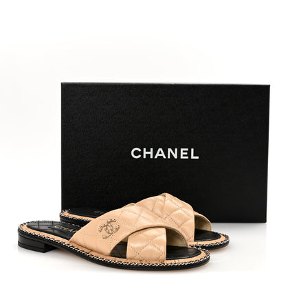 Chanel Shiny Lambskin Quilted Metal Chain CC Sandals 36.5 Beige 10 of 10