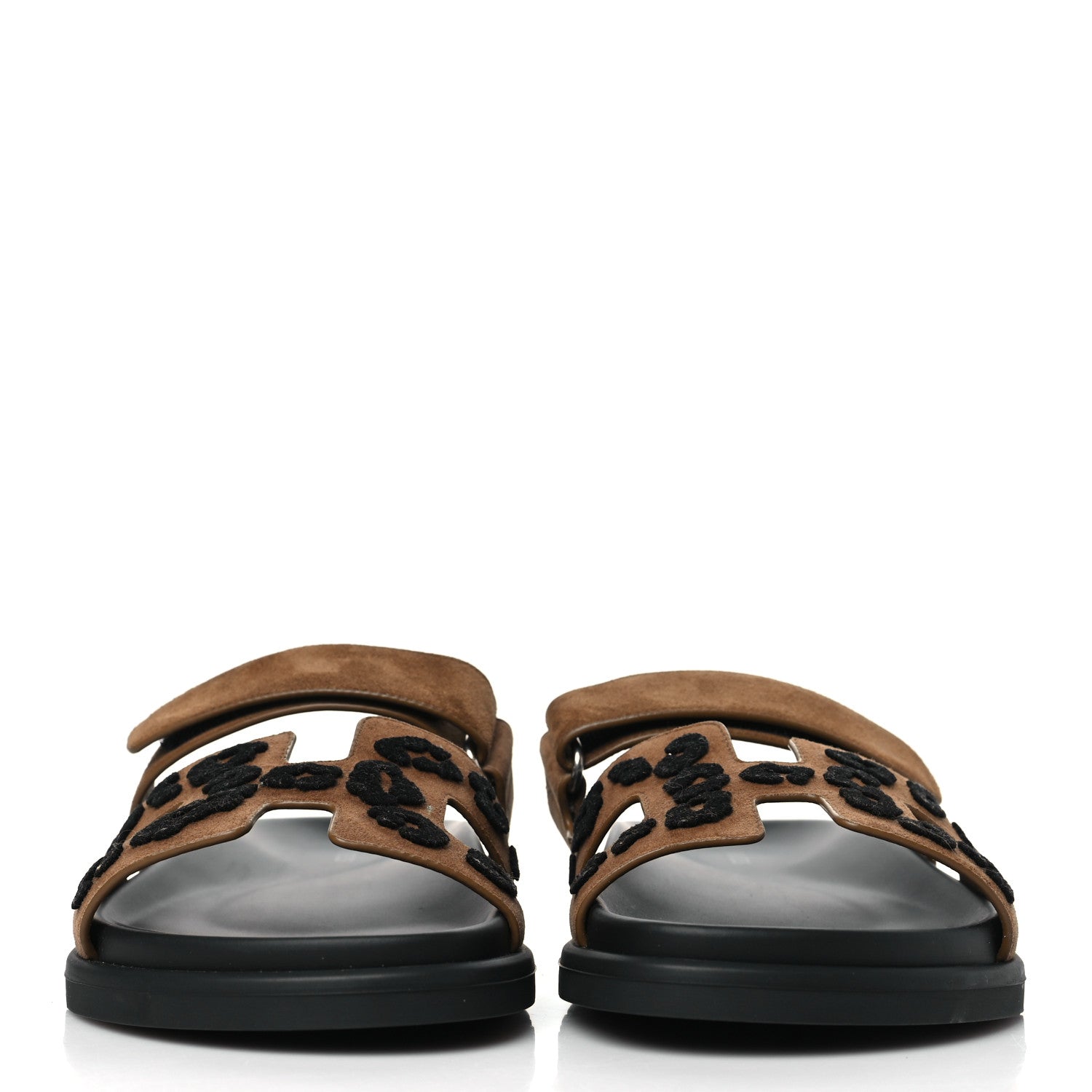 Hermes Suede Goatskin Tufted Leopard Womens Chypre Sandals 38.5 Brun Fume Black 2 of 9