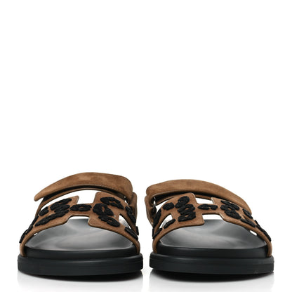 Hermes Suede Goatskin Tufted Leopard Womens Chypre Sandals 38.5 Brun Fume Black 2 of 9