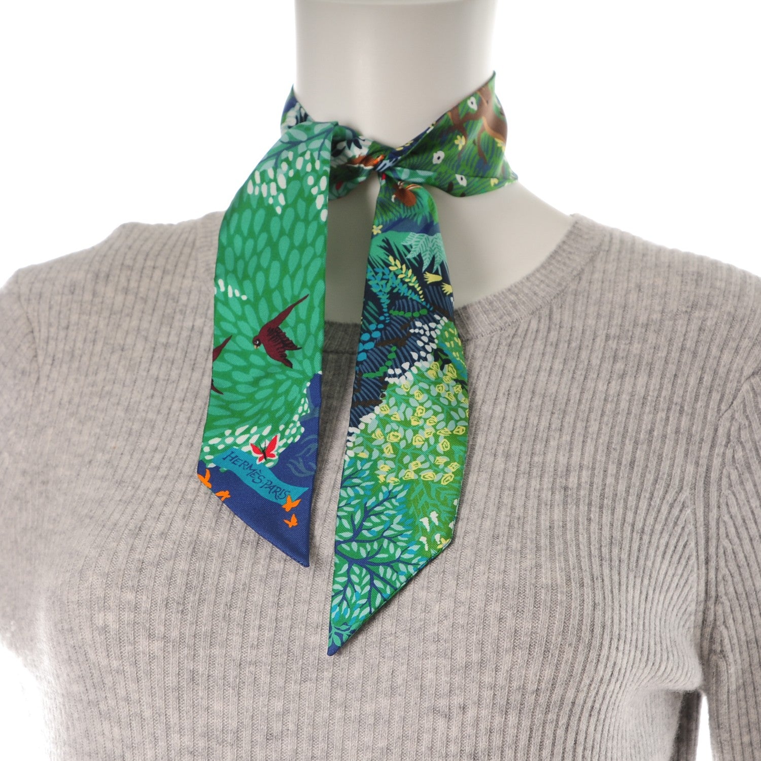 Hermes Silk Dans un Jardin Anglais Twilly Marine Vert Rouge 2 of 5