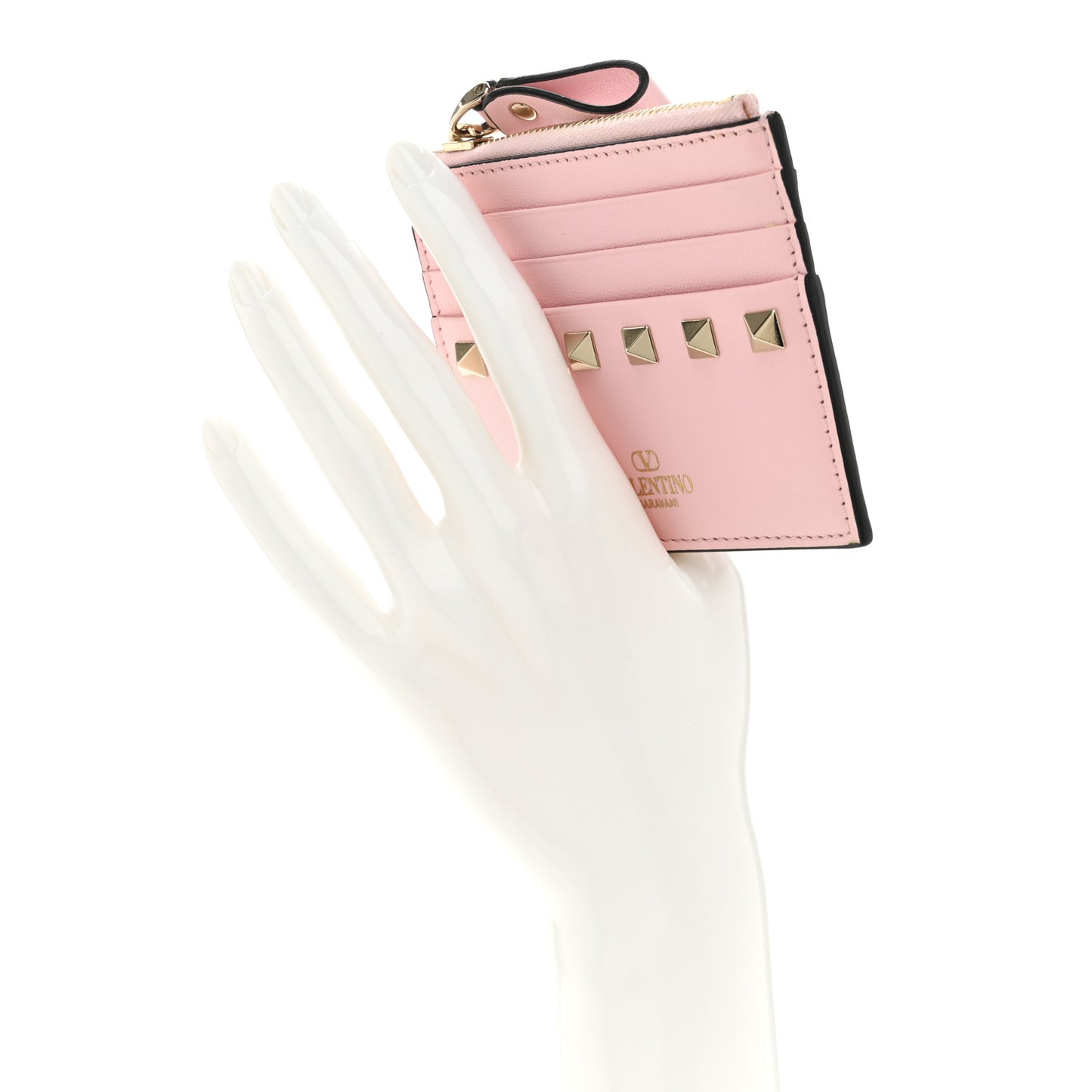 Vitello Rockstud Card Holder With Zipper Light Pink