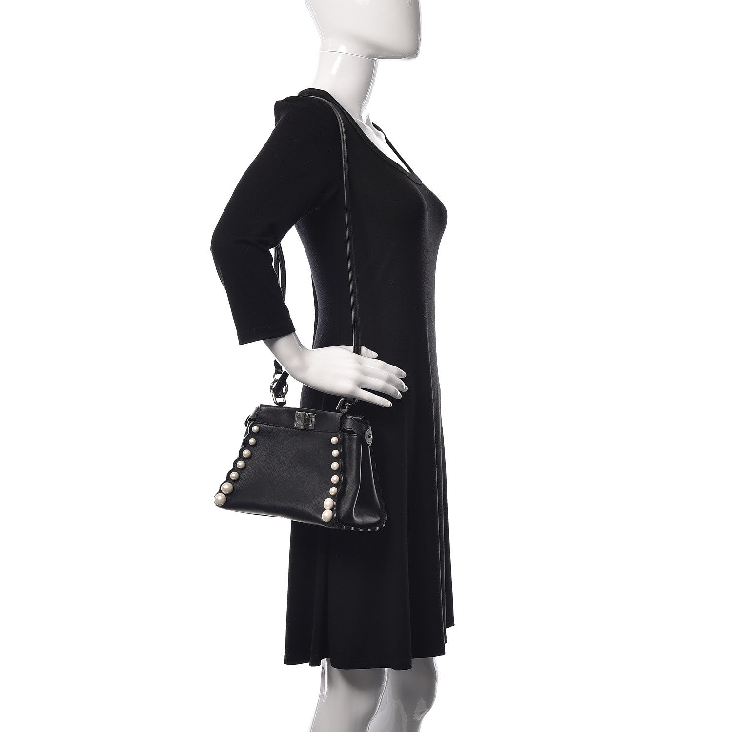 Fendi Vitello Seta Shiny Nappa Pearl Scallopped Studded Mini Peekaboo Iconic Satchel Black 2 of 13