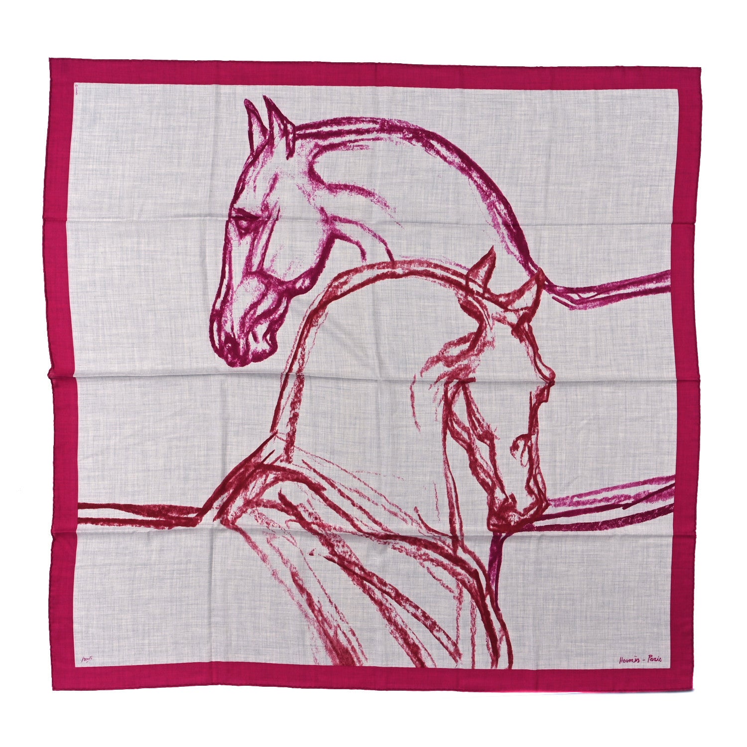 Hermes Cashmere Silk Chevaux Au Pre Shawl 140 Fuchsia Gris Chine Framboise 1 of 3