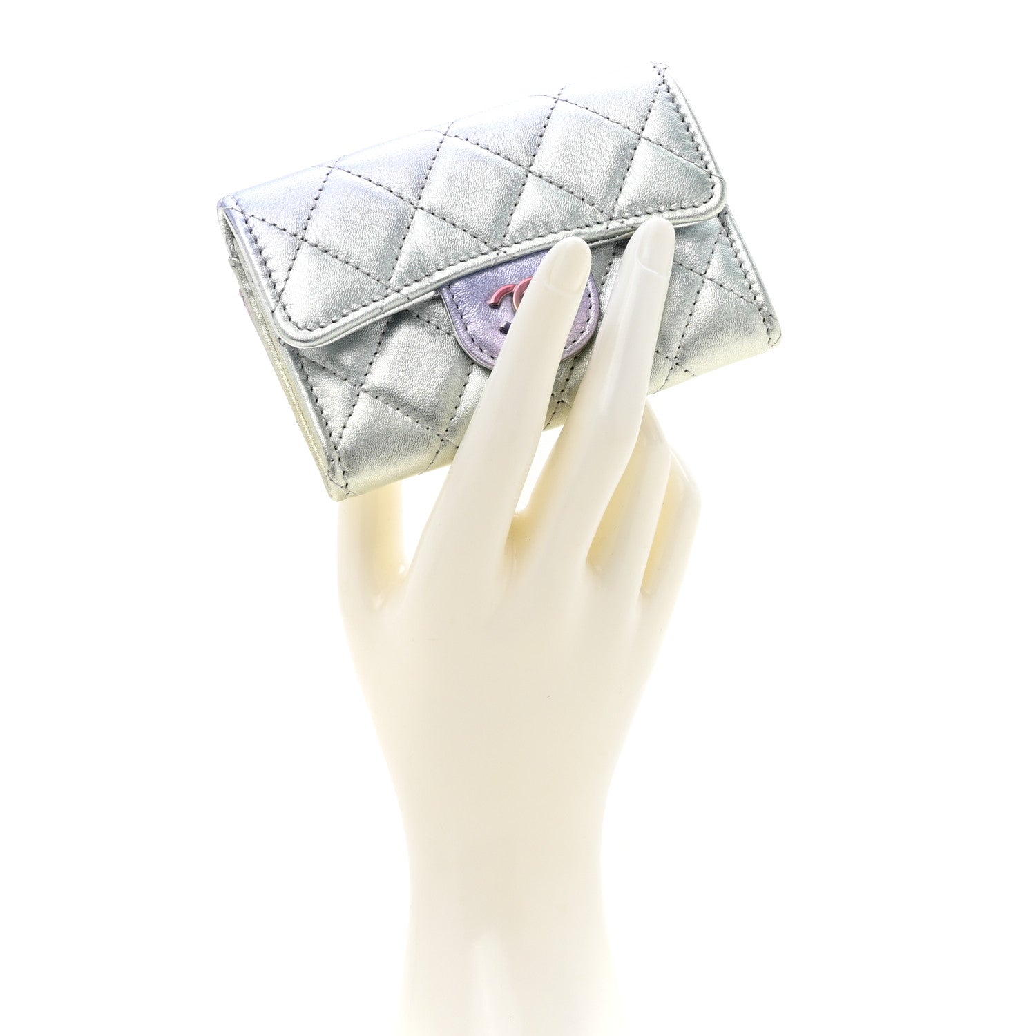 Chanel Gradient Metallic Calfskin Quilted Flap Card Holder Wallet Silver Blue Yellow Purple 2 of 8