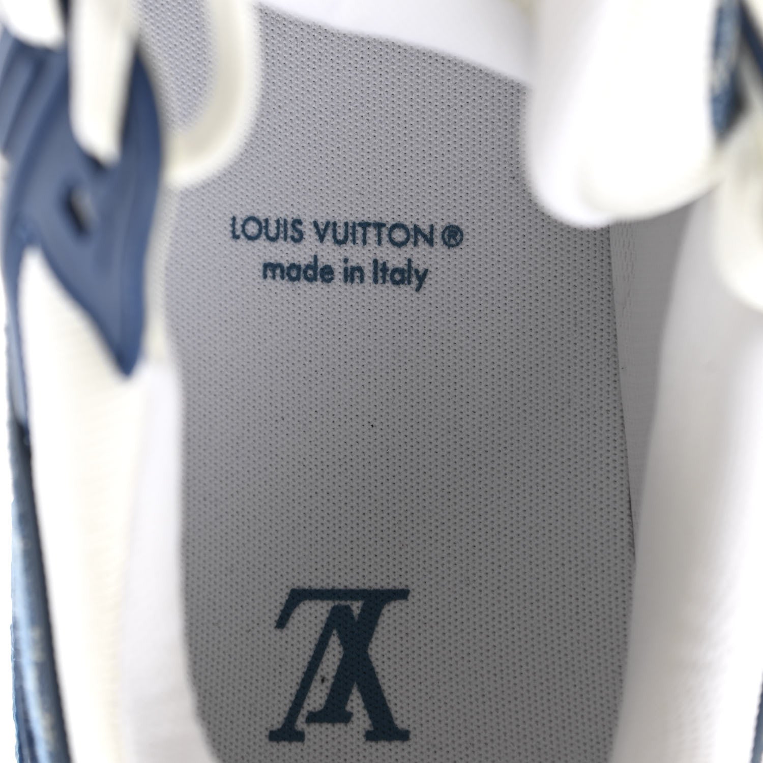 Louis Vuitton Calfskin Embossed Monogram Denim Mens LV Trainer Sneakers 12 Blue 7 of 8