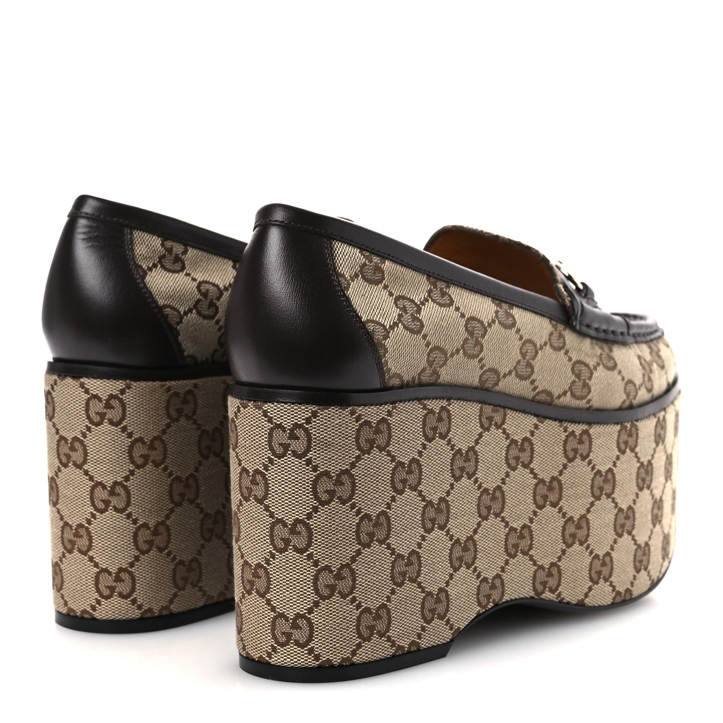 Canvas GG Monogram Horsebit Calfskin Womens Horsebit Platform Loafers 38.5 Beige Ebony
