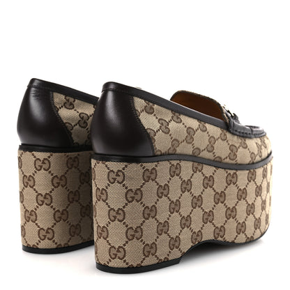 Gucci Canvas GG Monogram Horsebit Calfskin Womens Horsebit Platform Loafers 38.5 Beige Ebony 5 of 13