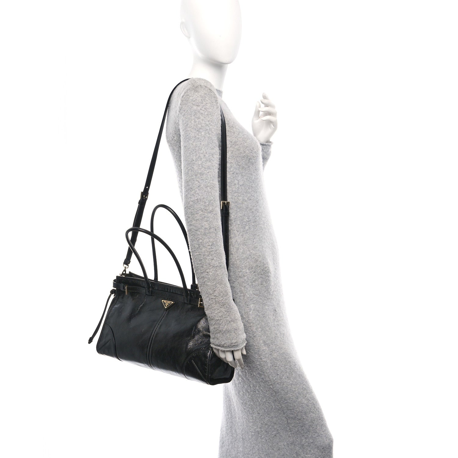Prada Glossy Calfskin Triangle Large Bonnie Shoulder Bag Black 3 of 9