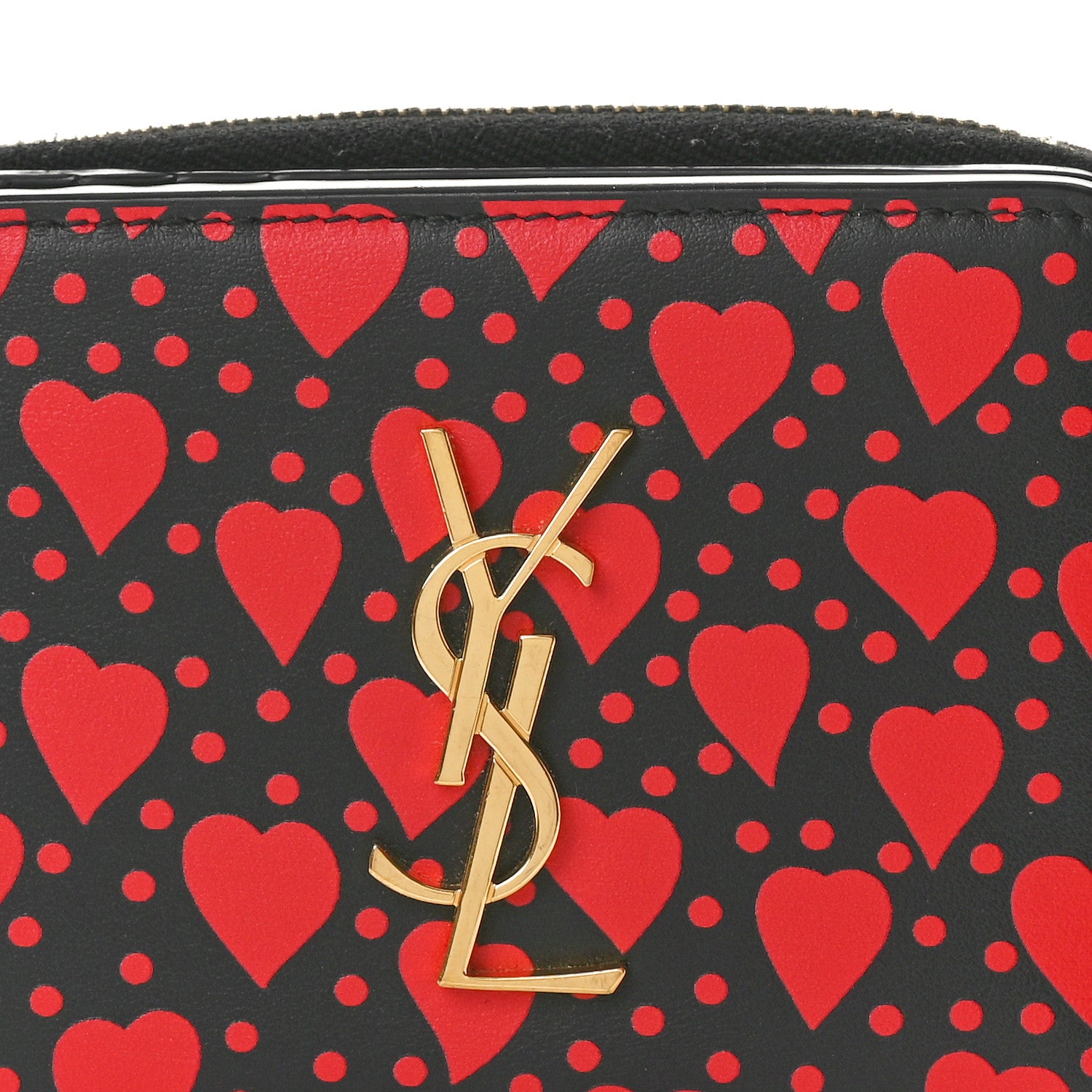 Saint Laurent Calfskin Heart Print Monogram Compact Zip Around Wallet Black Red 8 of 10