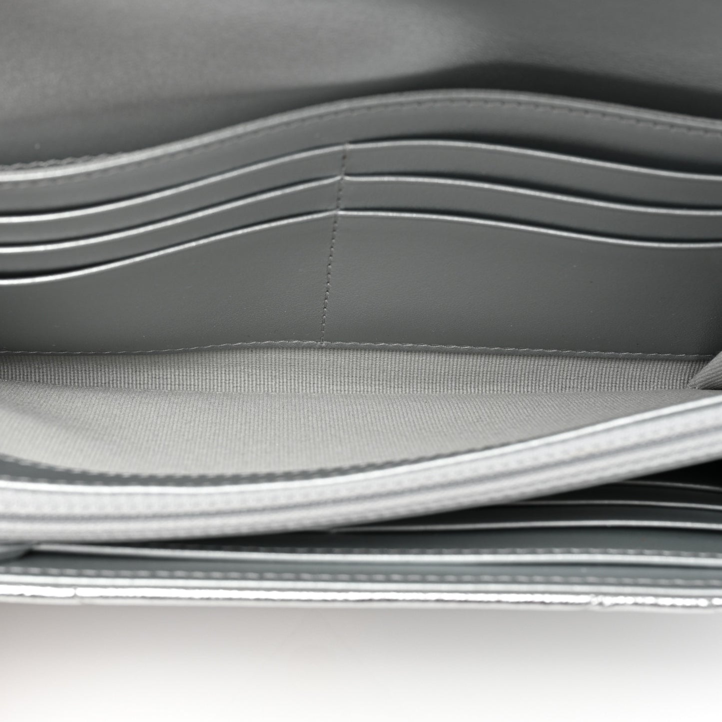 Metallic Lambskin Quilted Chanel 19 Flap Wallet Silver