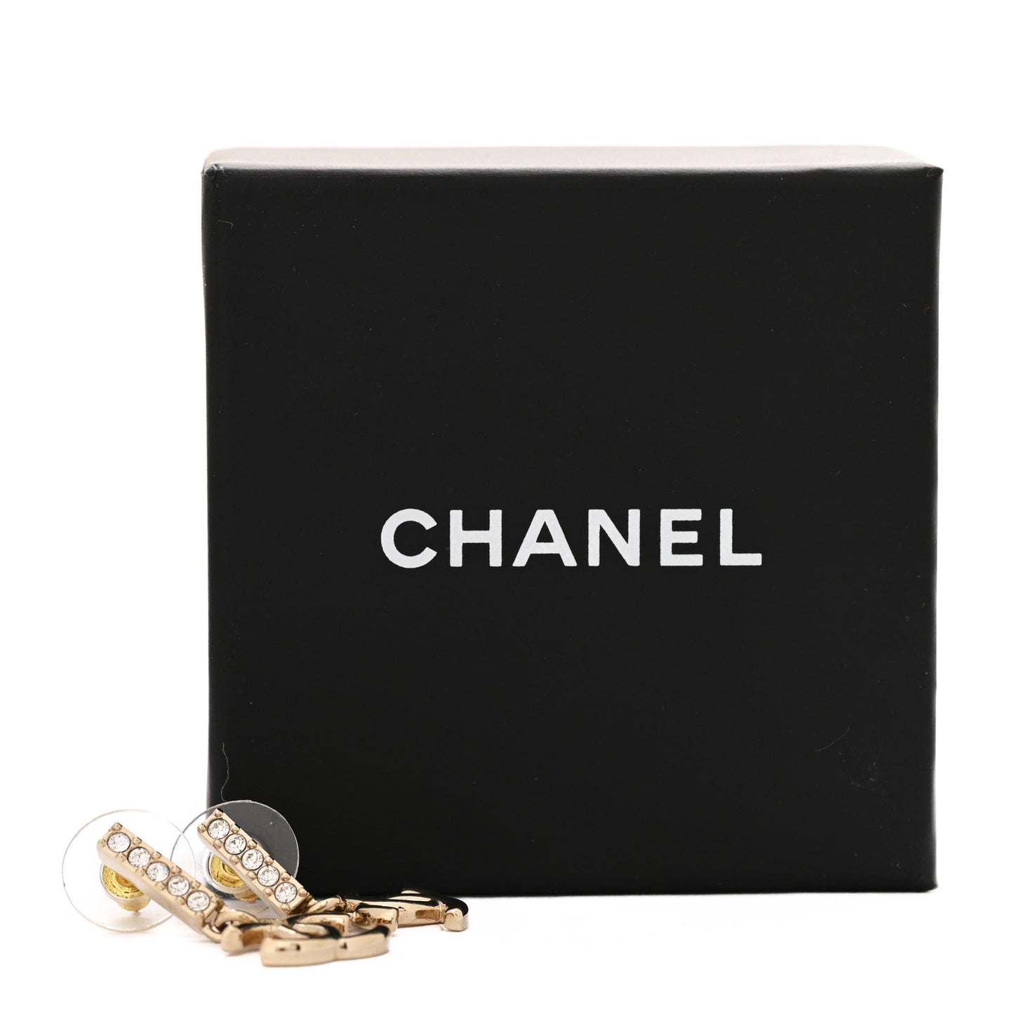 Metal Crystal Studded CC Drop Earrings Gold
