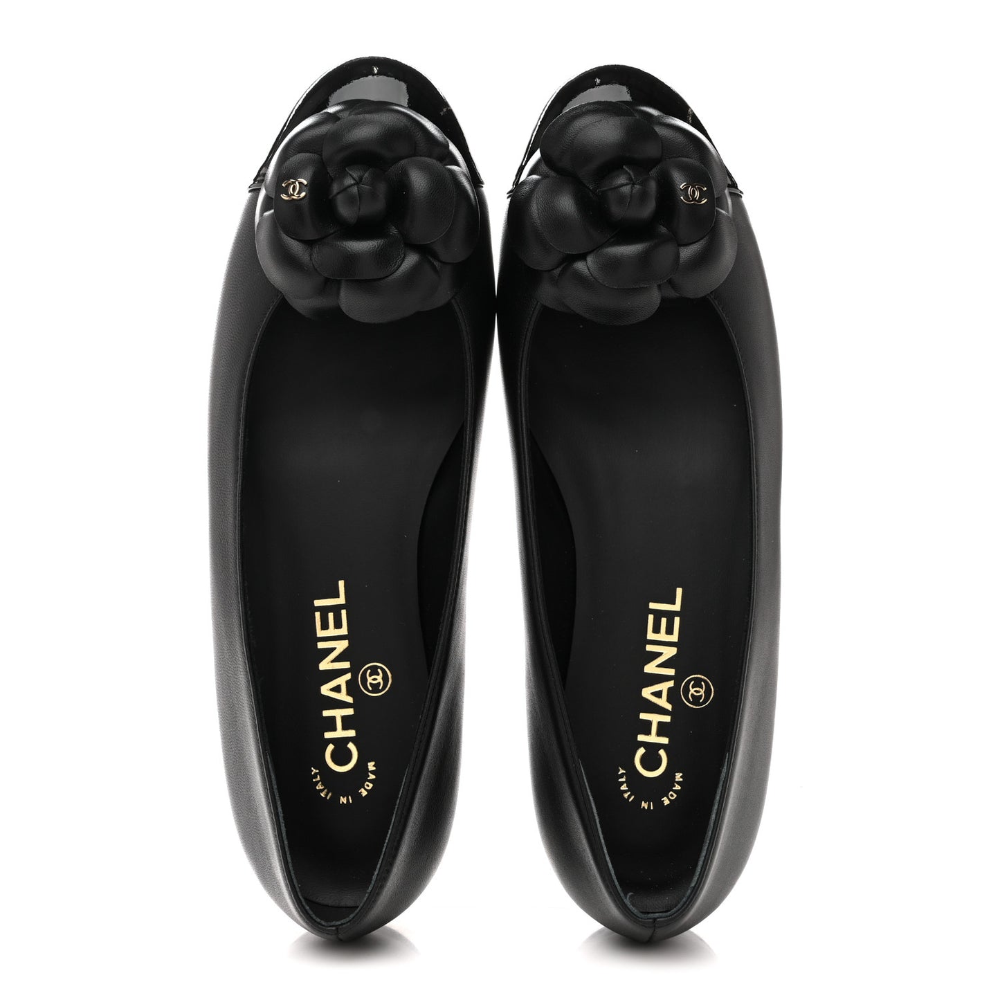 Lambskin Patent Cap Toe Camellia Ballerina Flats 38 Black