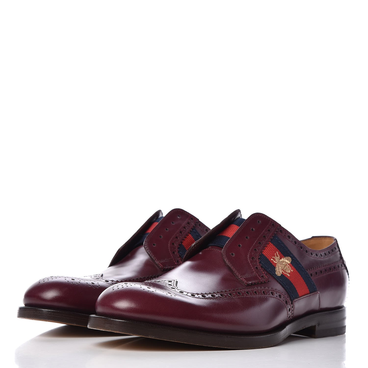 Gucci Calfskin Web Bee Embroidered Mens Slip-On Brogue Wingtip Derby Shoes 11 Bordeaux 3 of 11