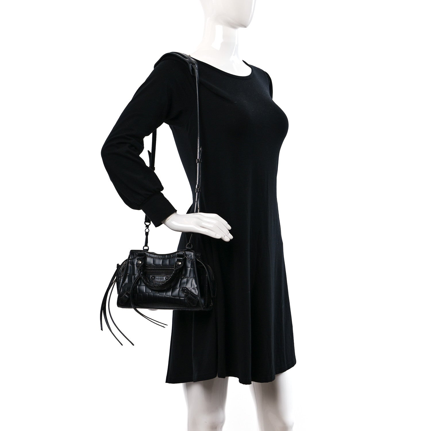 Balenciaga Semi Shiny Calfskin Crocodile Embossed Neo Classic Black Hardware Mini City Black 3 of 10