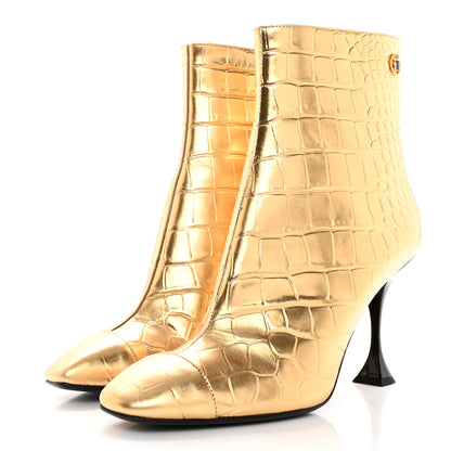 Chanel Calfskin Crocodile Embossed Cap Toe Ankle Boots 40 Gold 3 of 12