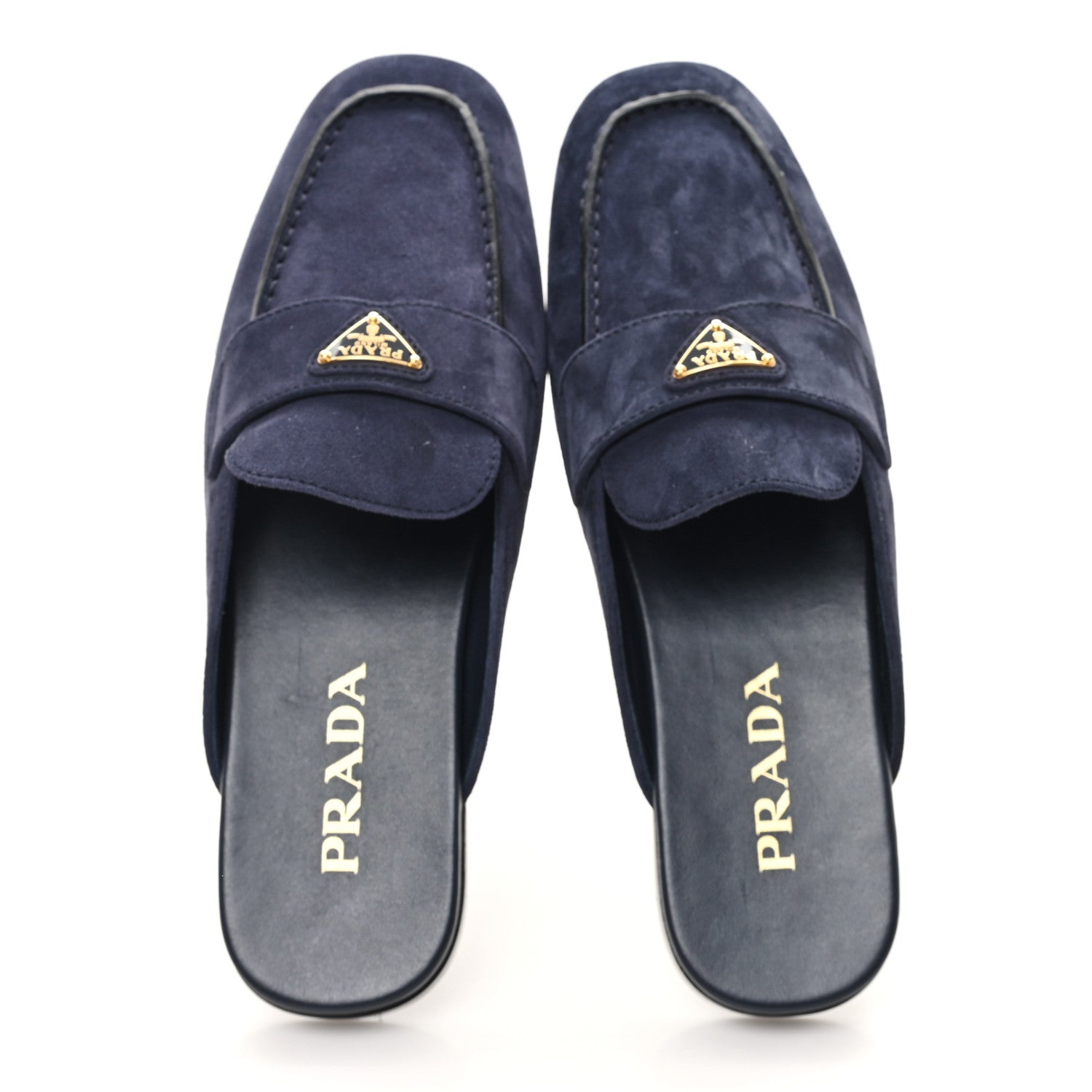 Prada Suede Metal Triangle Logo 10mm Loafer Mules 37 Bleu 2 of 9