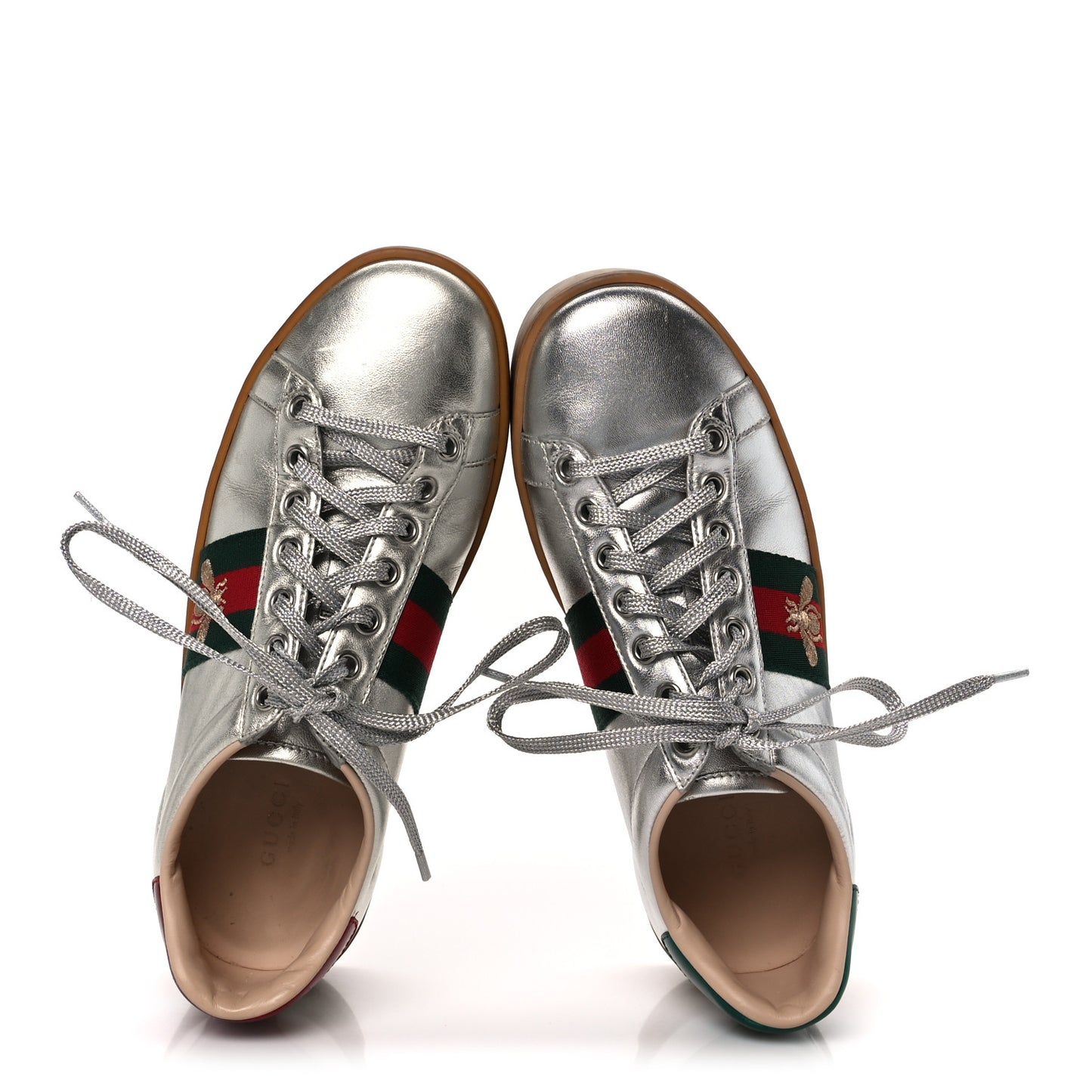 Metallic Nappa Web Bee Embroidered Womens Ace Platform Sneakers 36 Argento Red Flame