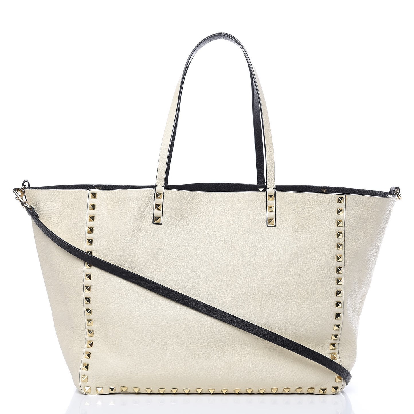 Grained Calfskin Medium Rockstud Reversible Tote Black Ivory