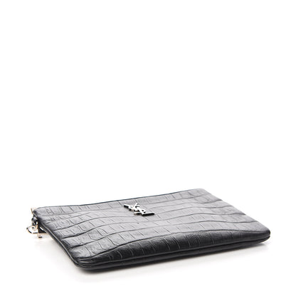 Saint Laurent Calfskin Crocodile Embossed Monogram Zip Pouch Black 3 of 8