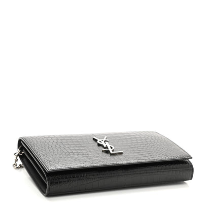 Saint Laurent Calfskin Crocodile Embossed Monogram Chain Wallet Black 4 of 8