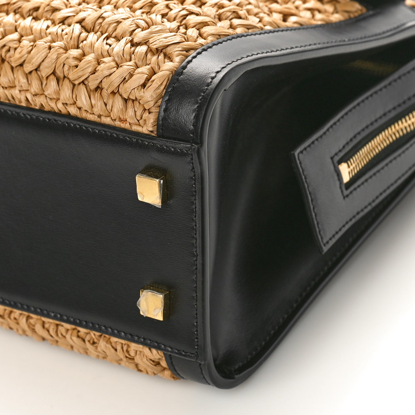 Raffia Calfskin Small Uptown Tote Black Natural