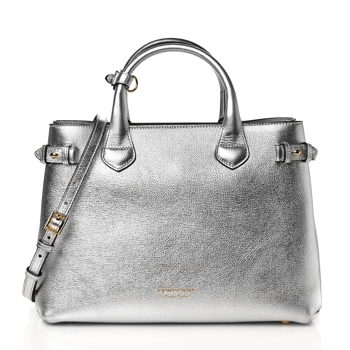 Metallic Grainy Calfskin House Check Medium Banner Tote Silver