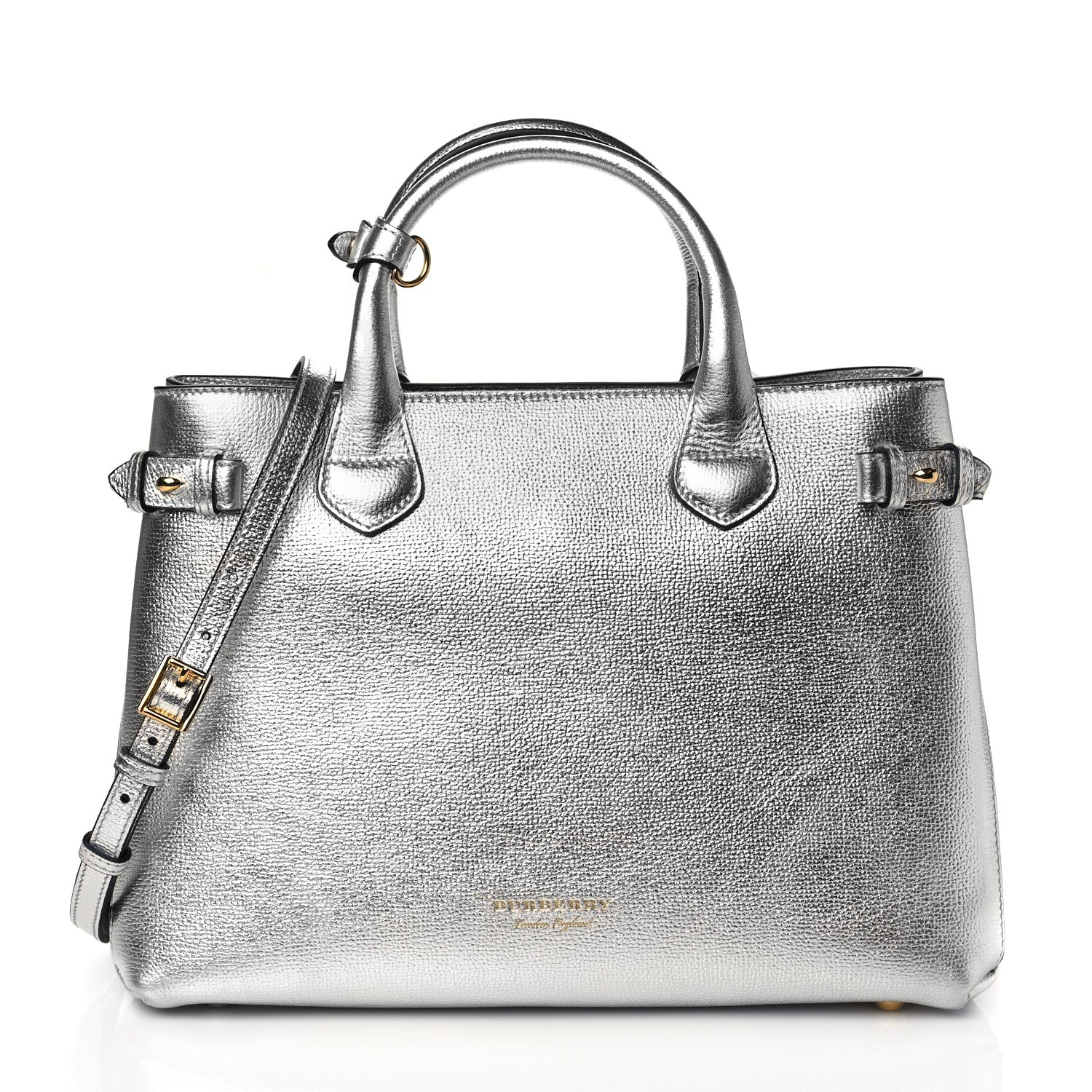 Burberry Metallic Grainy Calfskin House Check Medium Banner Tote Silver 1 of 9
