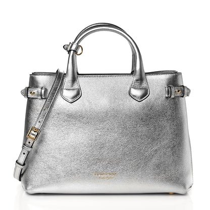 Burberry Metallic Grainy Calfskin House Check Medium Banner Tote Silver 1 of 9