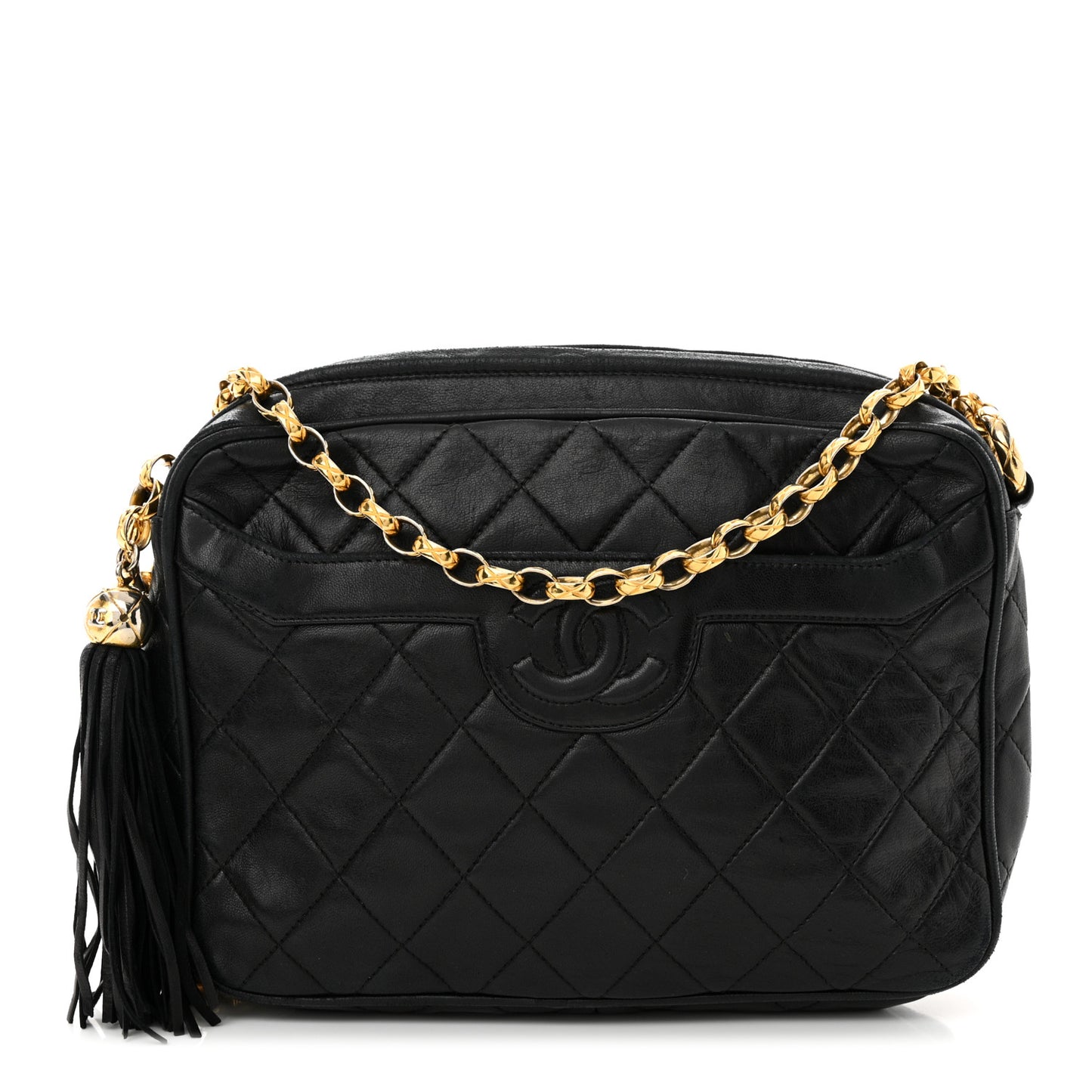 Lambskin Quilted Tassel Camera Case Black
