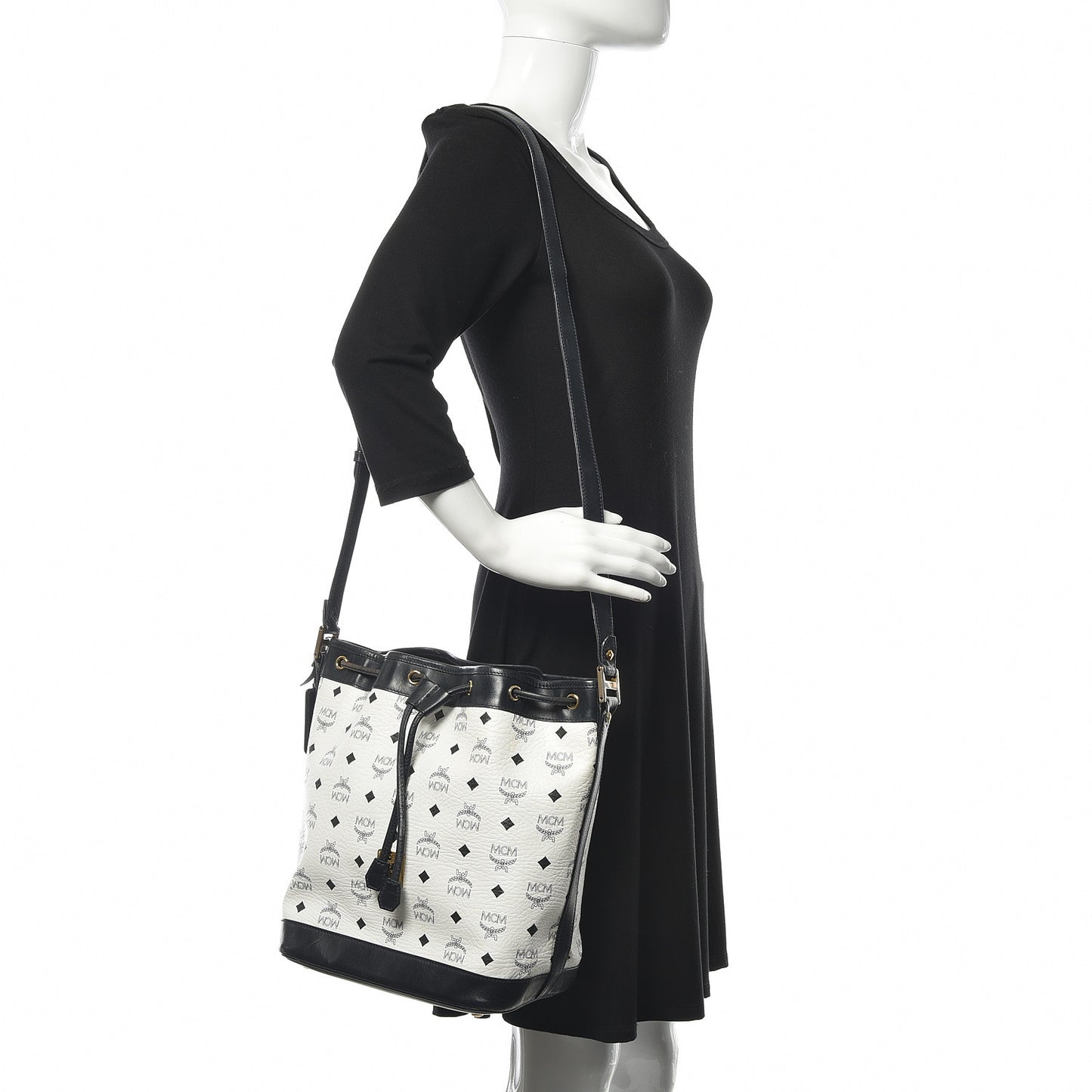 Visetos Small Heritage Drawstring Bucket Bag White Black
