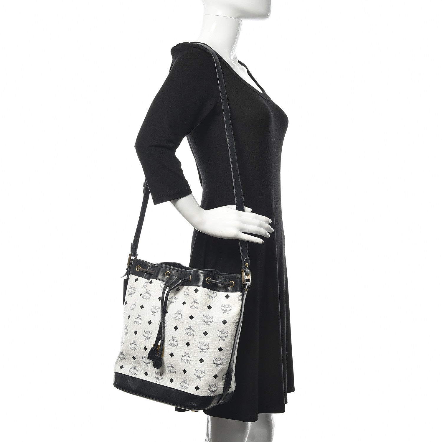 MCM Visetos Small Heritage Drawstring Bucket Bag White Black 2 of 10