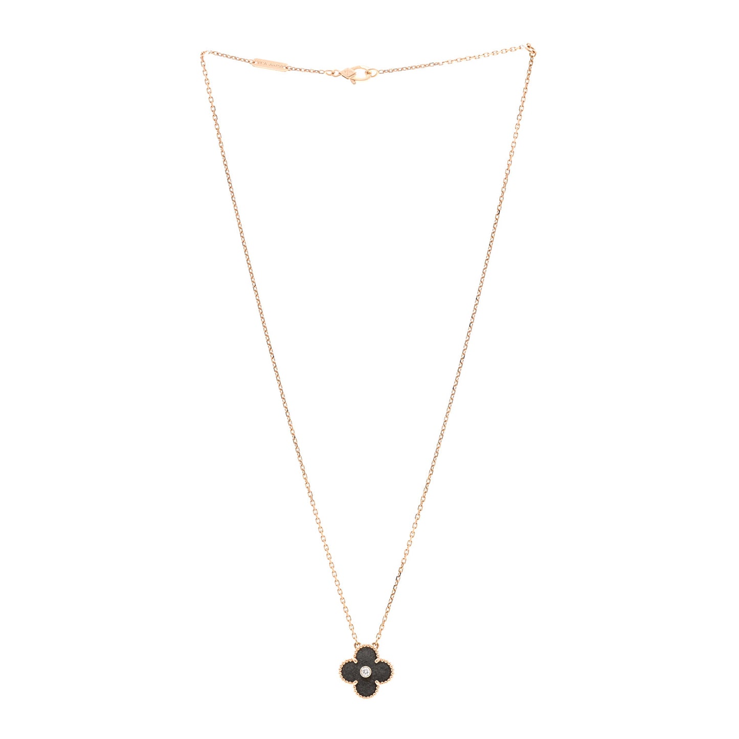 18K Rose Gold Diamond Silver Obsidian Vintage Alhambra Pendant Necklace