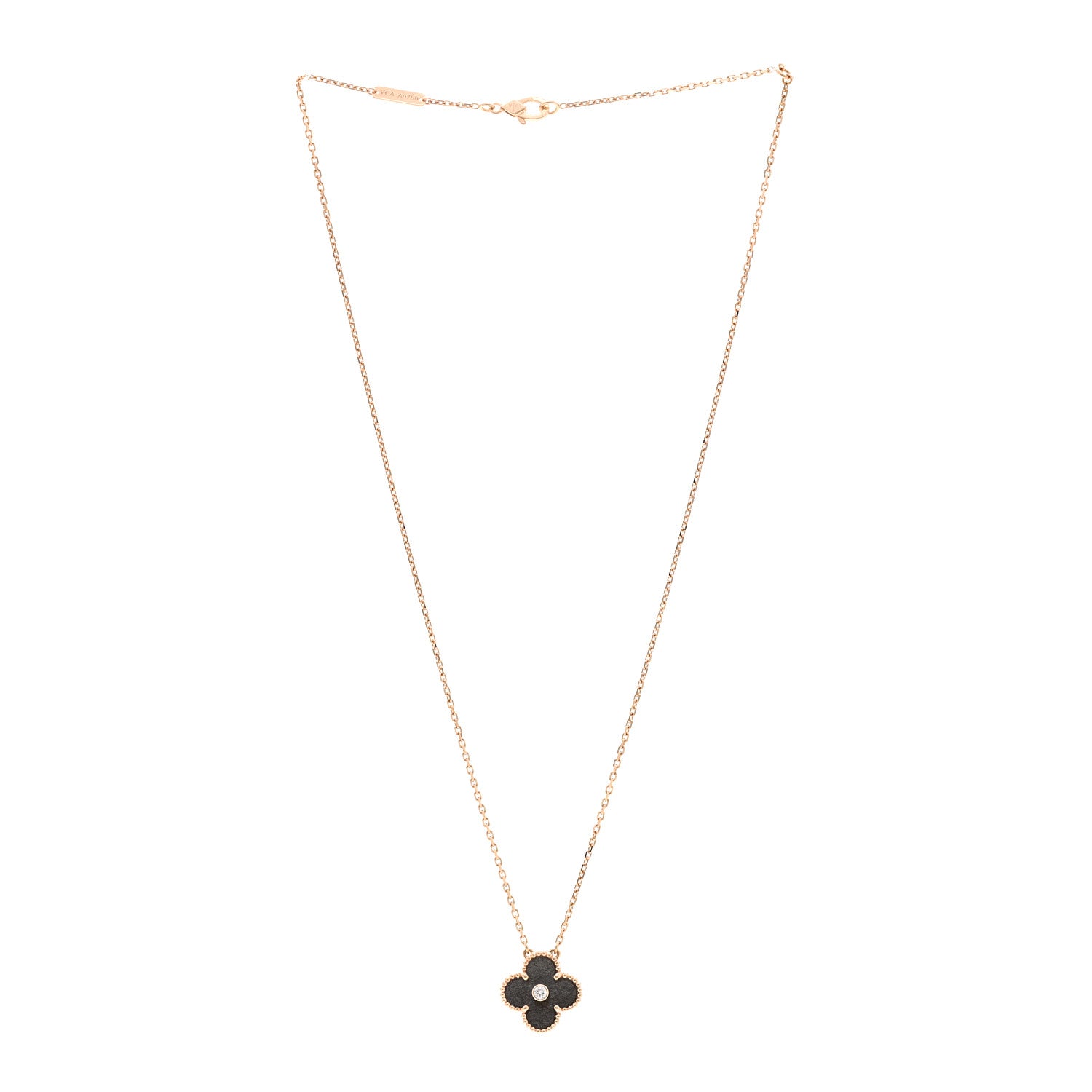 Van Cleef & Arpels 18K Rose Gold Diamond Silver Obsidian Vintage Alhambra Pendant Necklace 3 of 5