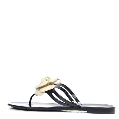 Chanel Jelly Camellia Thong Sandals 39 Black Ivory 1 of 9