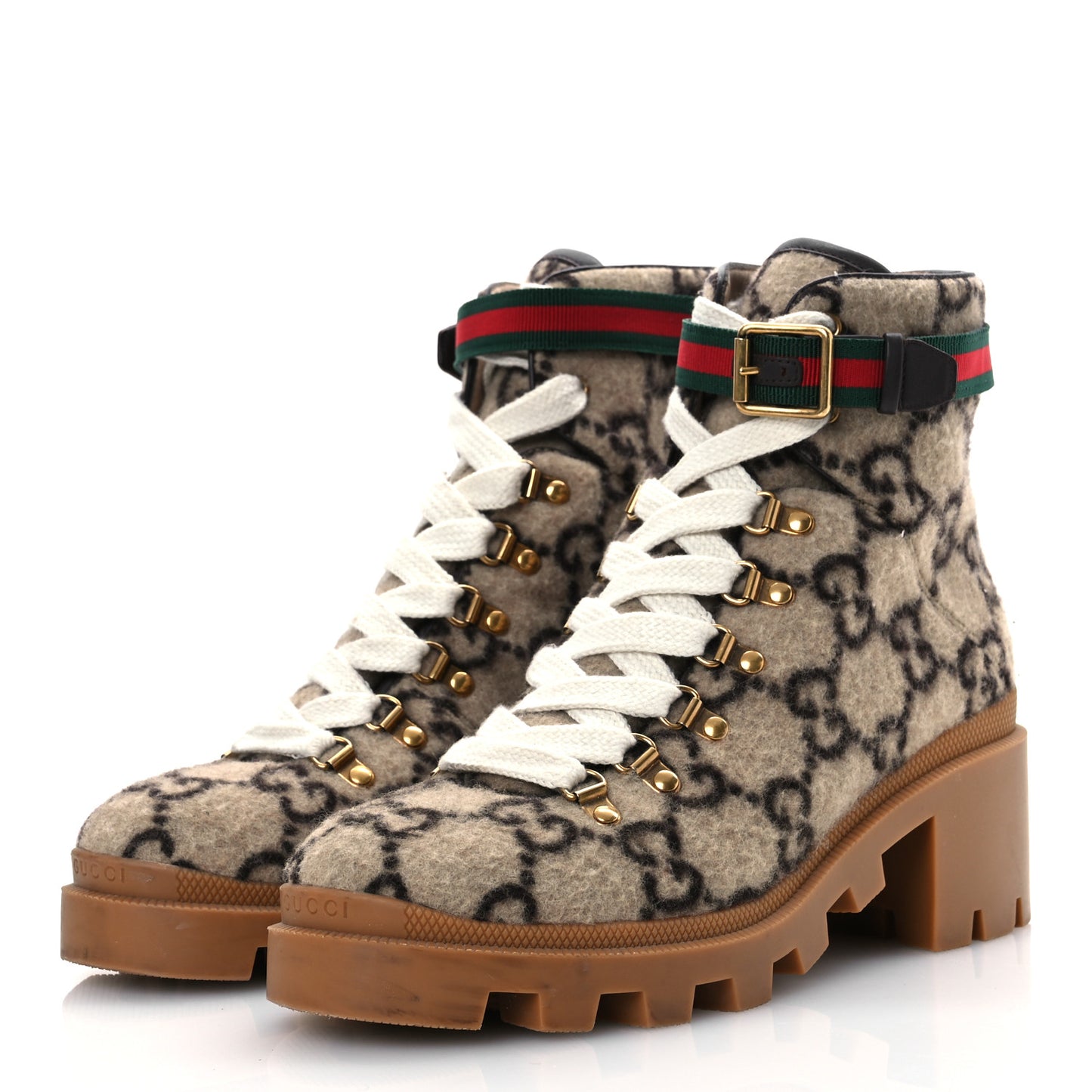 Covered Wool Big GG Monogram Womens Lace Up Combat Ankle Boots 40 Beige Ebony Cocoa