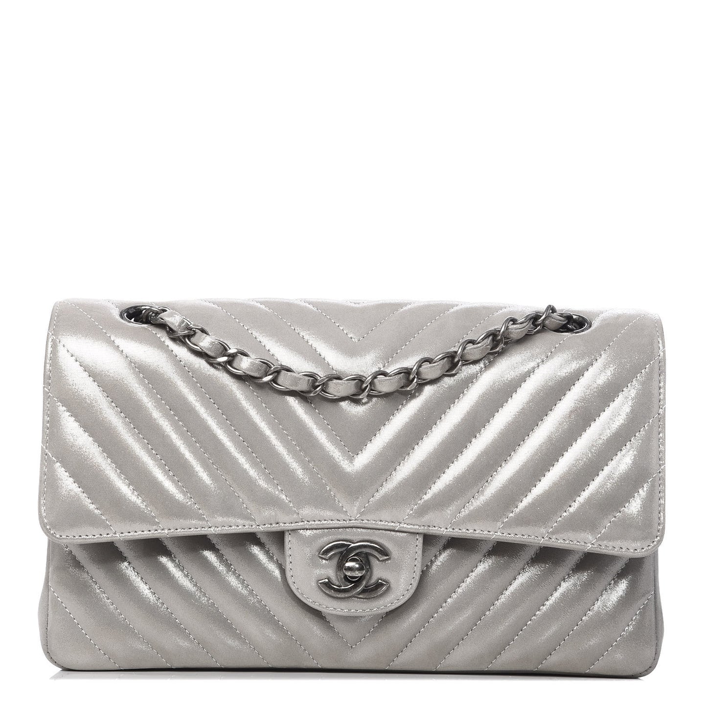 Iridescent Calfskin Chevron Quilted Medium Double Flap Silver