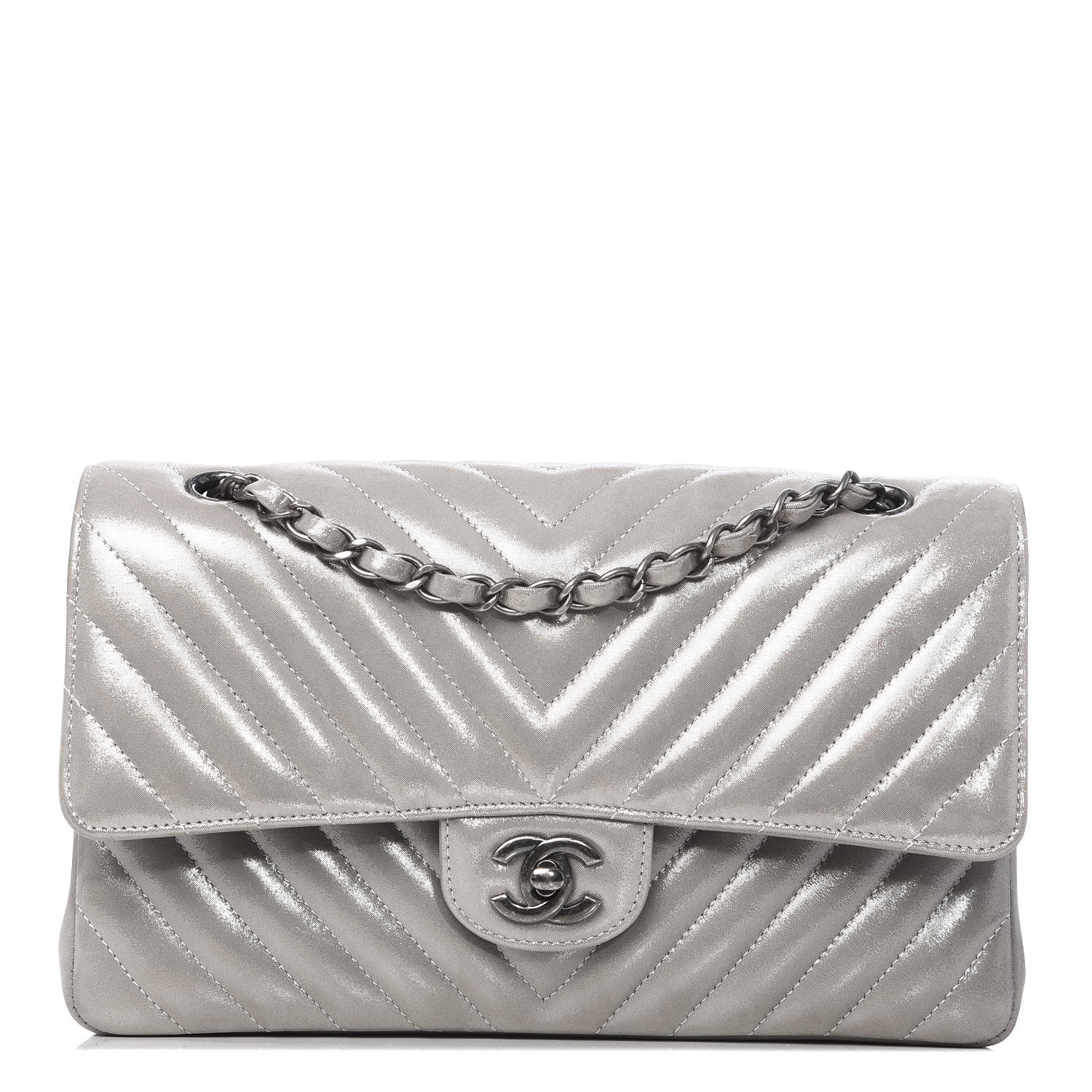 Chanel Iridescent Calfskin Chevron Quilted Medium Double Flap Silver 1 of 12