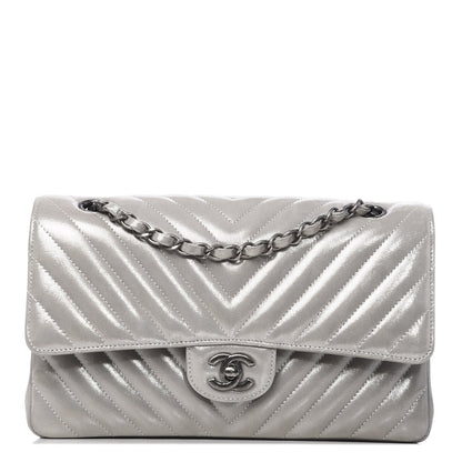 Chanel Iridescent Calfskin Chevron Quilted Medium Double Flap Silver 1 of 12