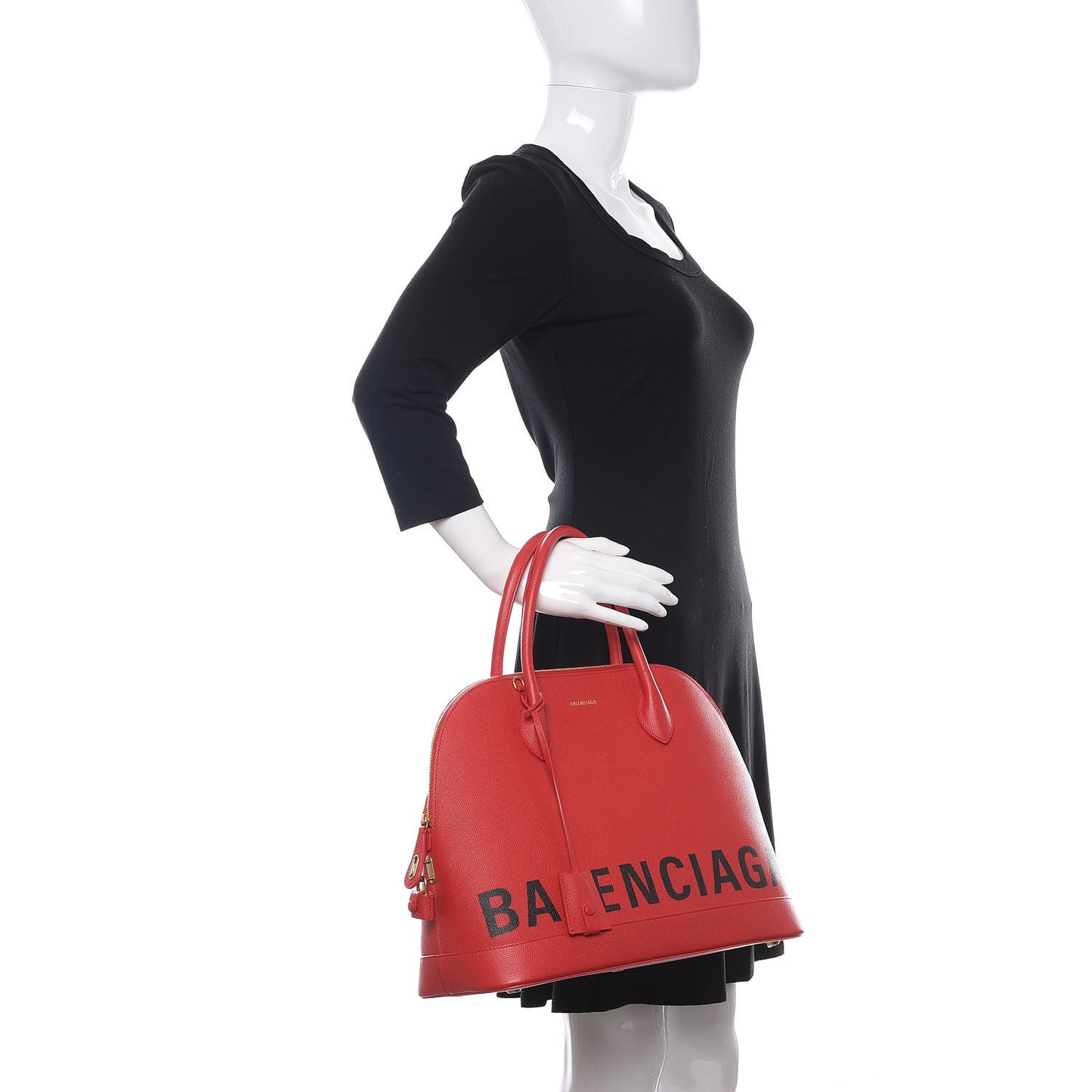 Signature Grained Calfskin Logo M Ville Top Handle Bag Rouge Coquelicot Black