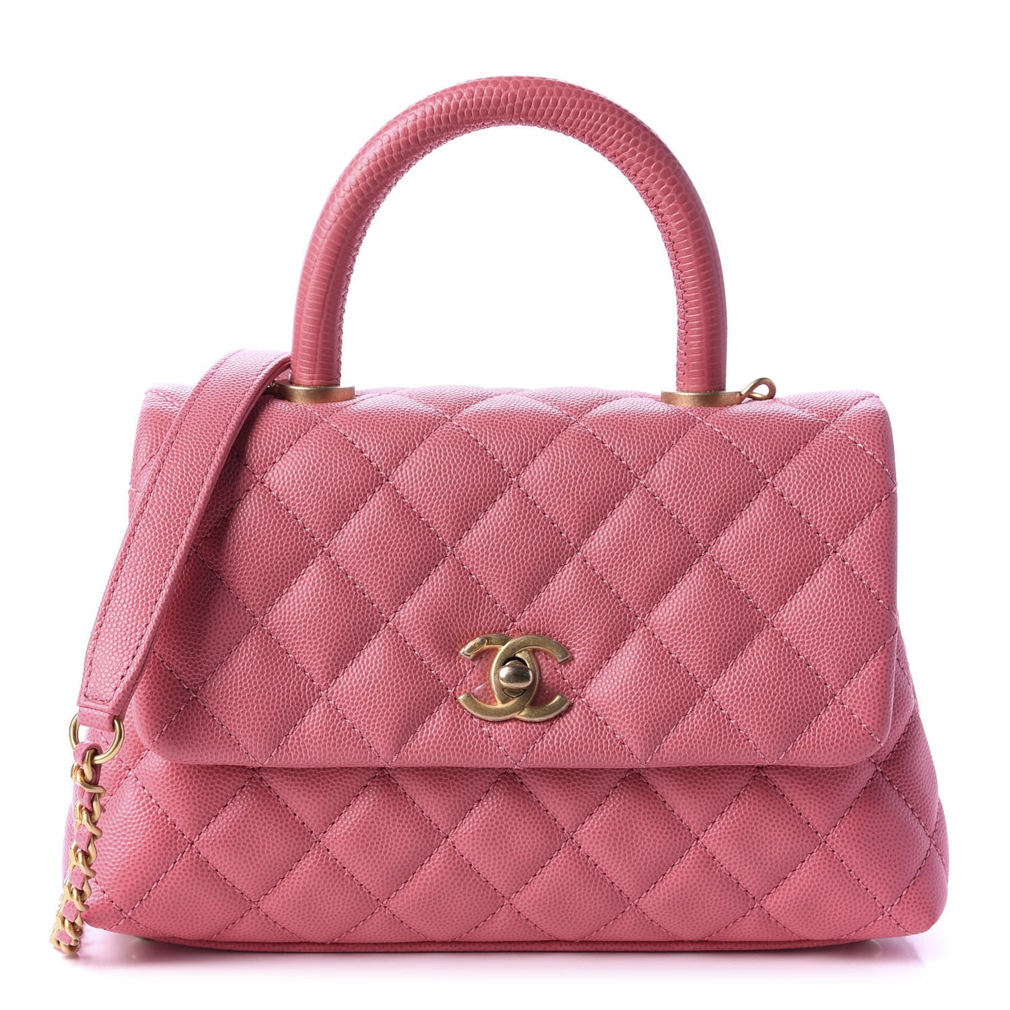 Caviar Lizard Embossed Quilted Mini Coco Handle Flap Pink