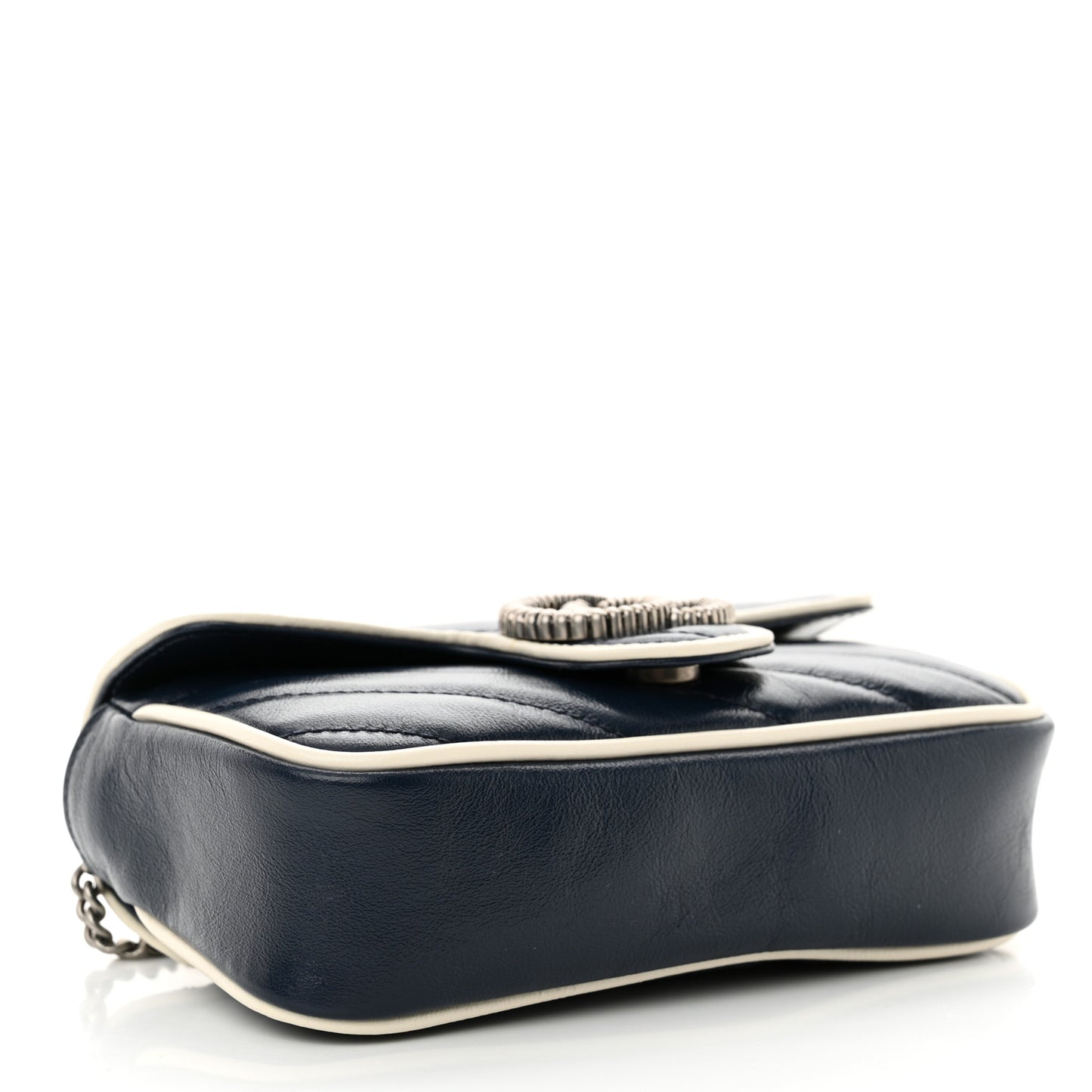 Vintage Effect Calfskin Matelasse Diagonal Super Mini Torchon GG Marmont Shoulder Bag Blue Agata Mystic White