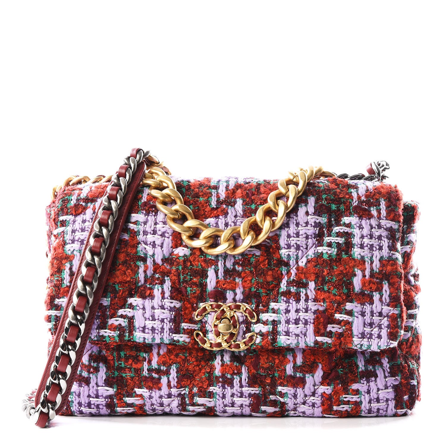 Chanel Tweed Quilted Large 19 Flap Red Purple Green 1 of 8