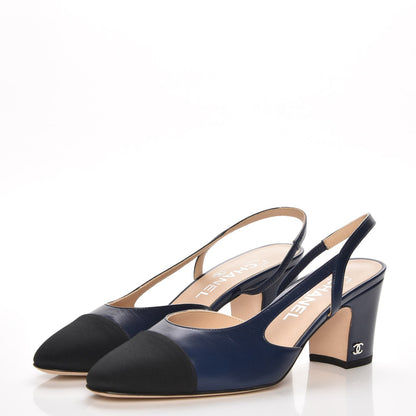 Chanel Lambskin Grosgrain Cap Toe CC Slingback Sandals 37.5 Navy Black 3 of 8