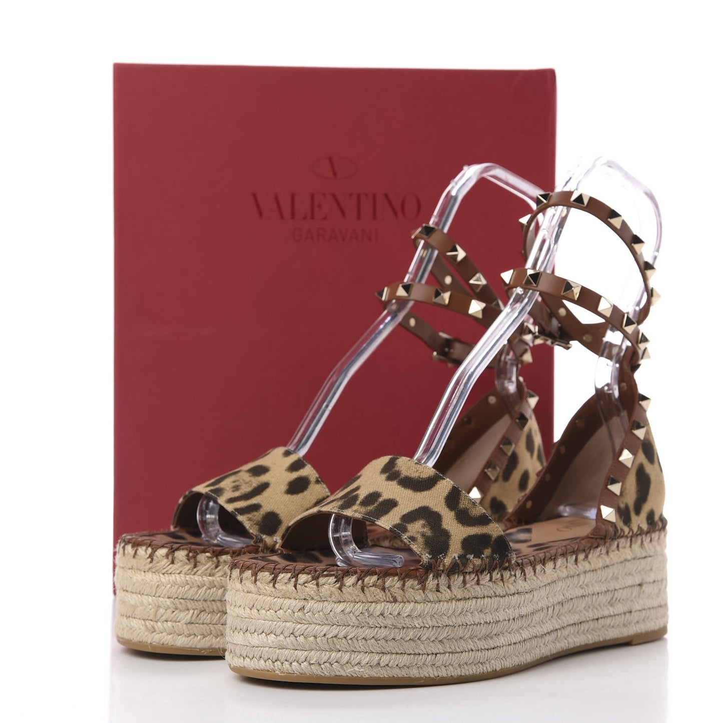 Canvas Leopard Print Rockstud Ankle Wrap Espadrille Flatform Sandals 39 Brown