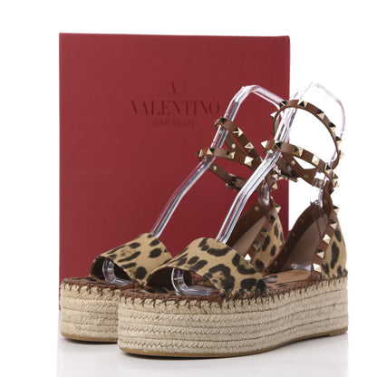 Valentino Garavani Canvas Leopard Print Rockstud Ankle Wrap Espadrille Flatform Sandals 39 Brown 10 of 10