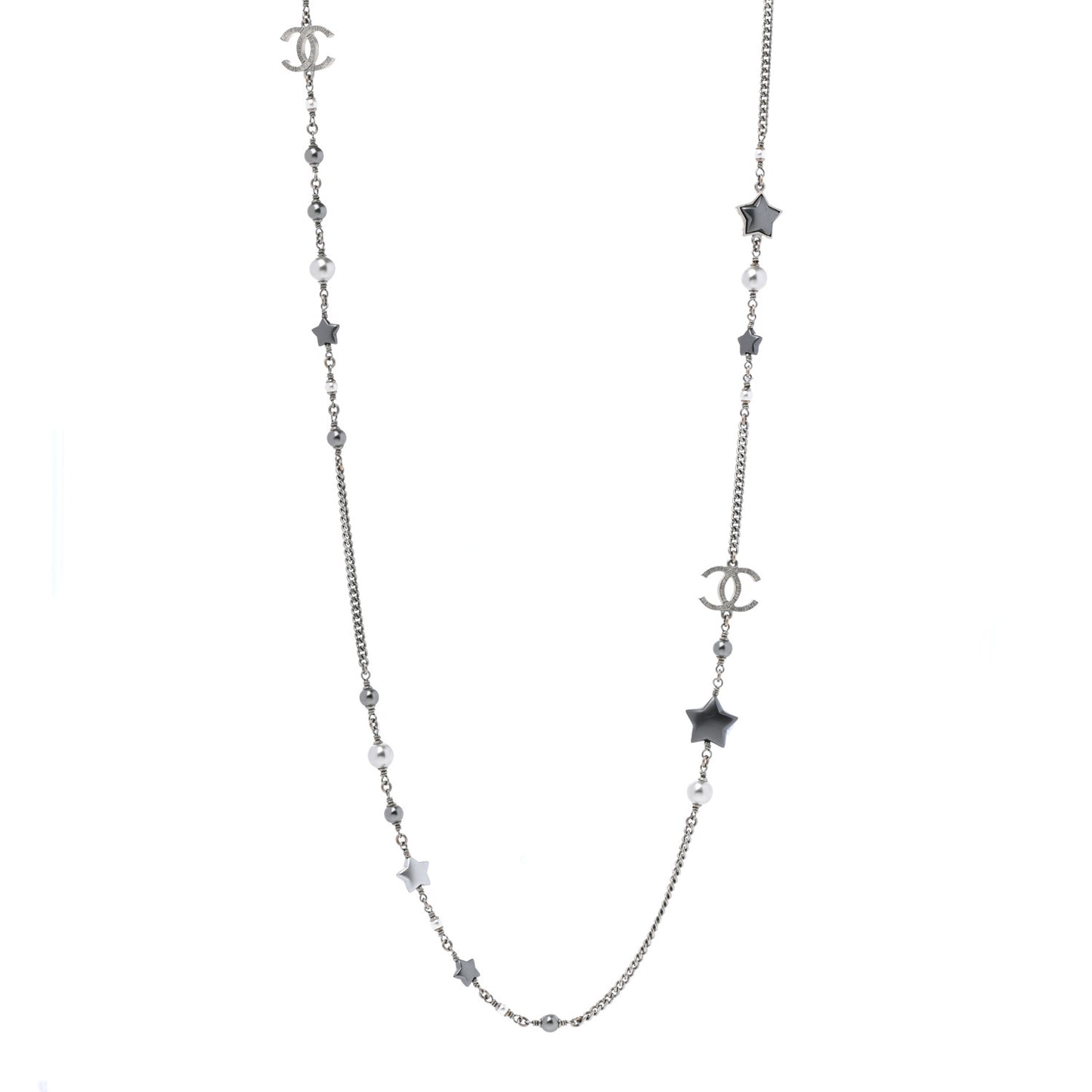 Pearl CC Star Long Necklace Silver