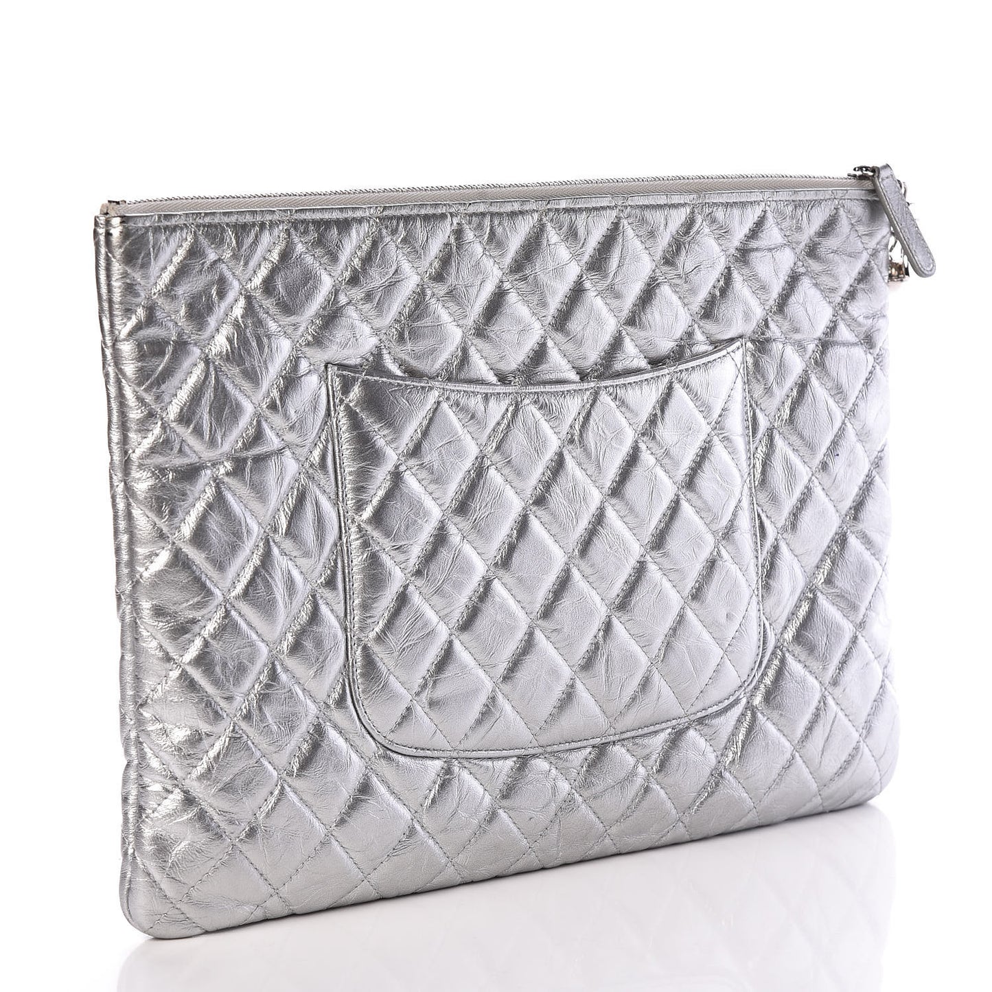 Metallic Calfskin Quilted Large Cosmo Cosmetic Case Silver