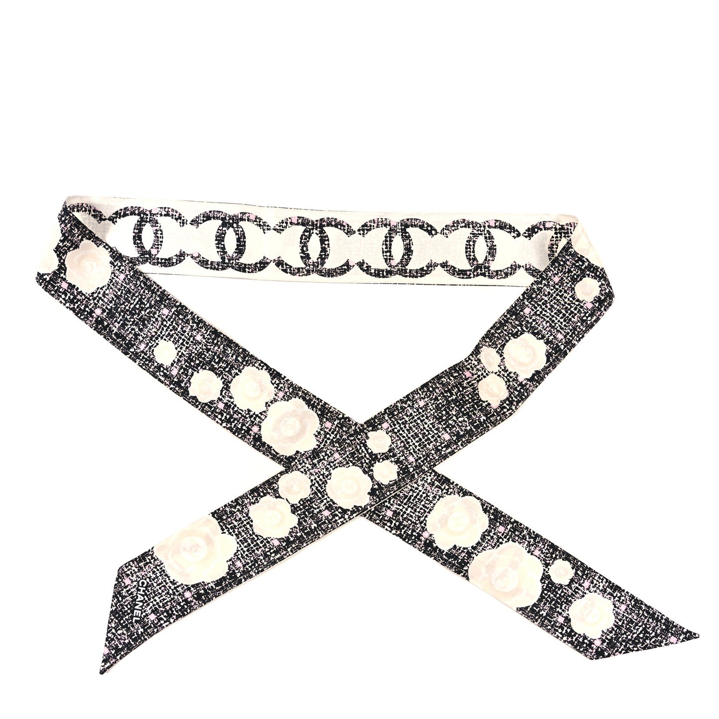 Silk CC Slim Camellia Bandeau Scarf Black White Pink