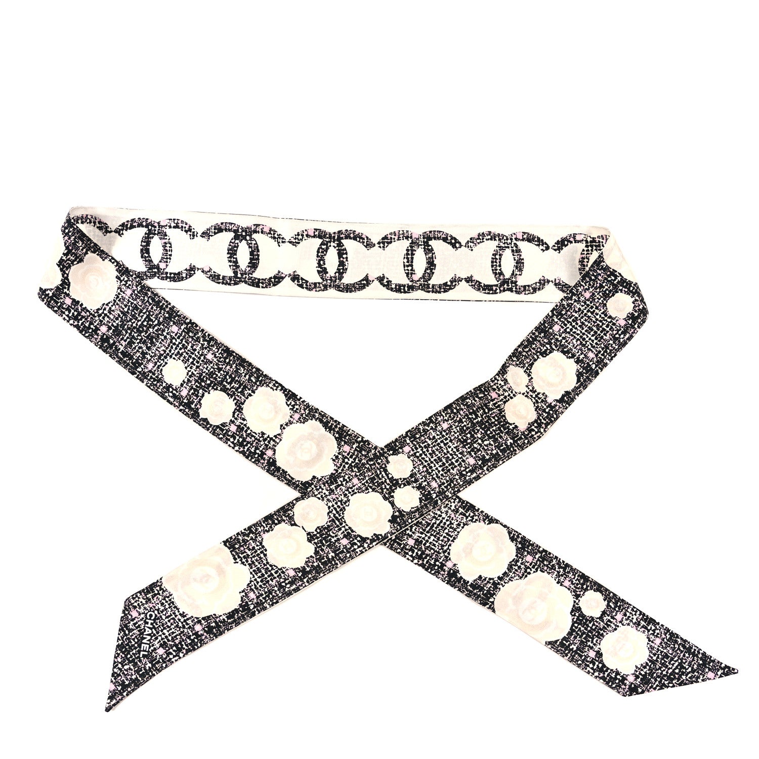 Chanel Silk CC Slim Camellia Bandeau Scarf Black White Pink 1 of 3