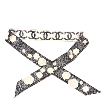 Chanel Silk CC Slim Camellia Bandeau Scarf Black White Pink 1 of 3